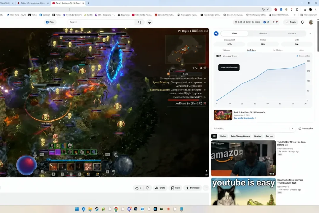 A recorded Pit 150 Spiritborn clear playing in a browser next to a seven-day views chart