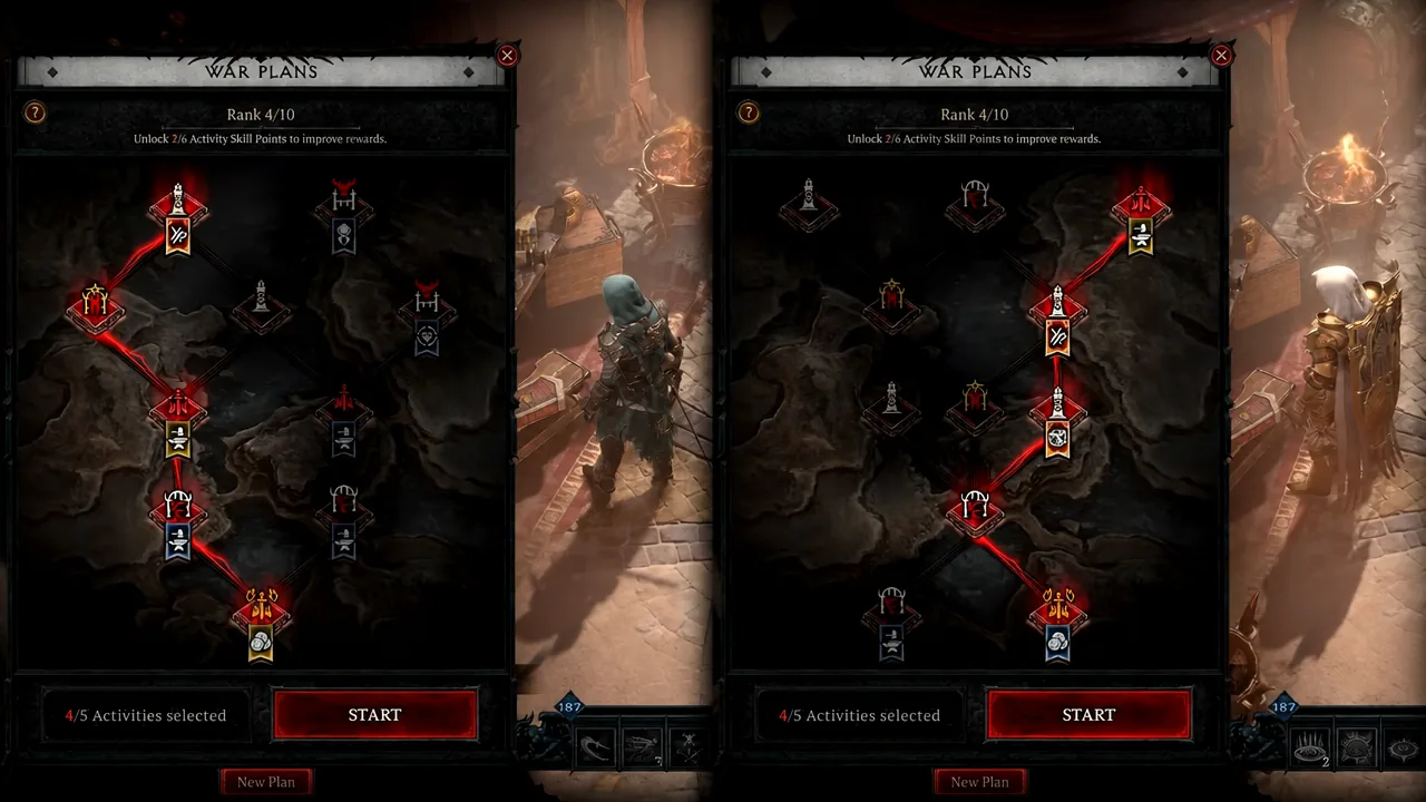 War Plans screen with four of five activity paths selected and the red start button available