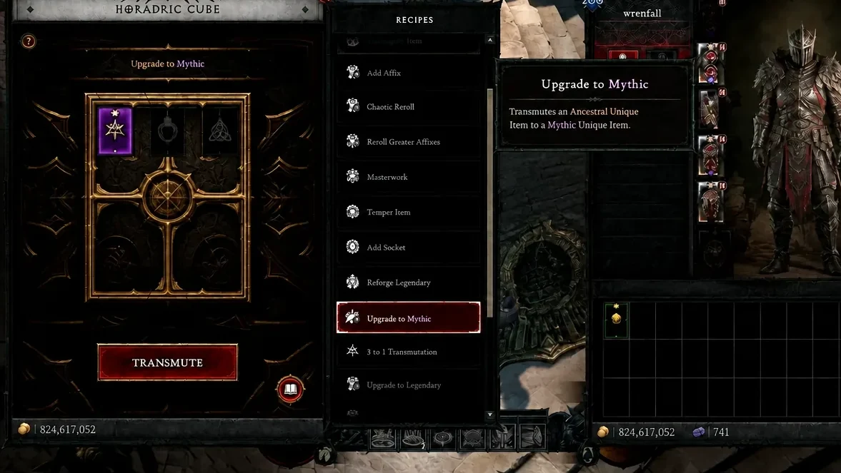 Horadric Cube screen with the Upgrade to Mythic option highlighted for an Ancestral Unique