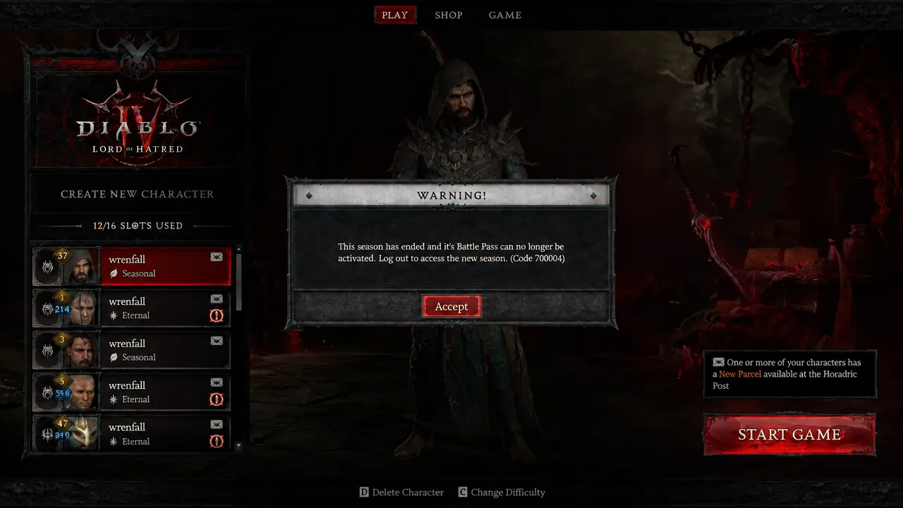 Character select screen showing the code 700004 warning dialog with an Accept button