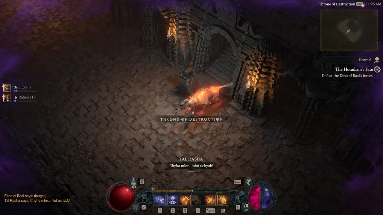 Combat against a burning demon inside the Throne of Destruction during the Echo of Baal fight