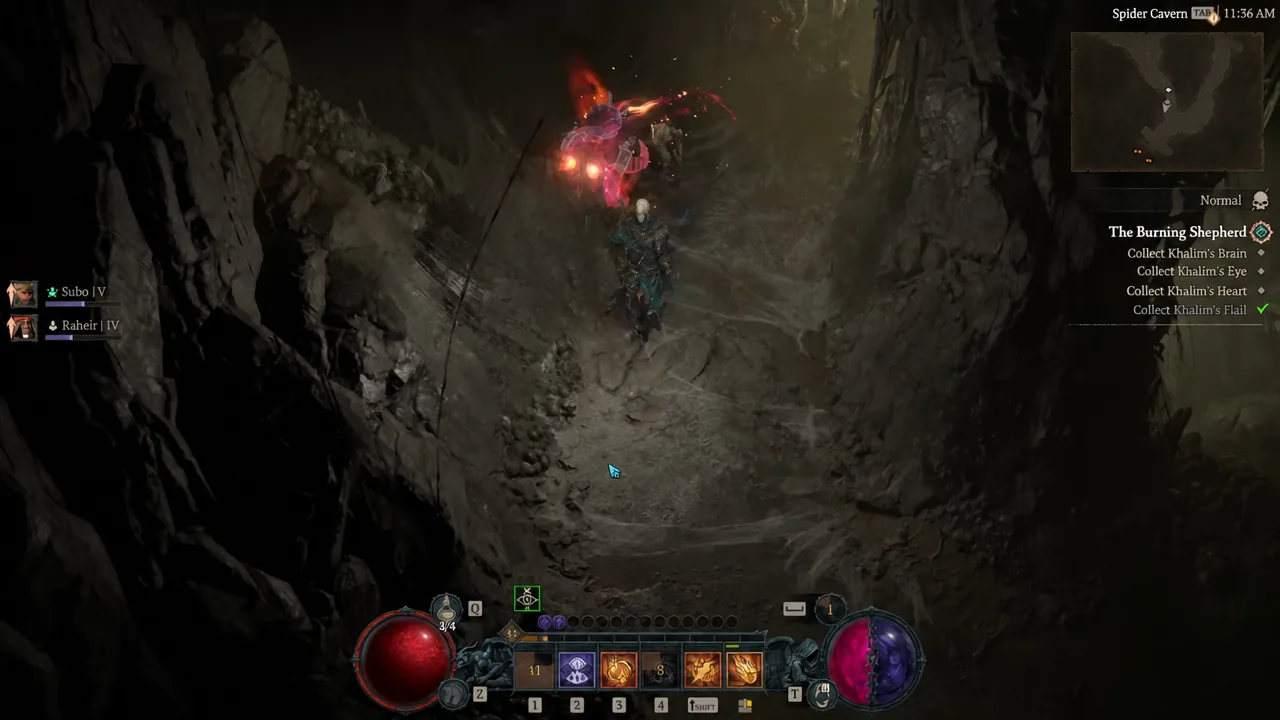 Fighting through the Spider Cavern with The Burning Shepherd quest objectives tracked on screen