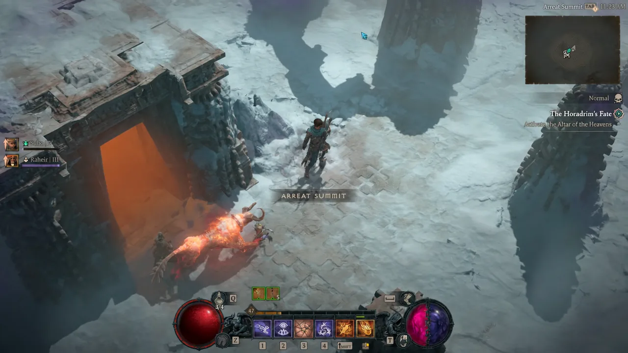 Player character crossing the snowy approach to Arreat Summit on the way to Baal