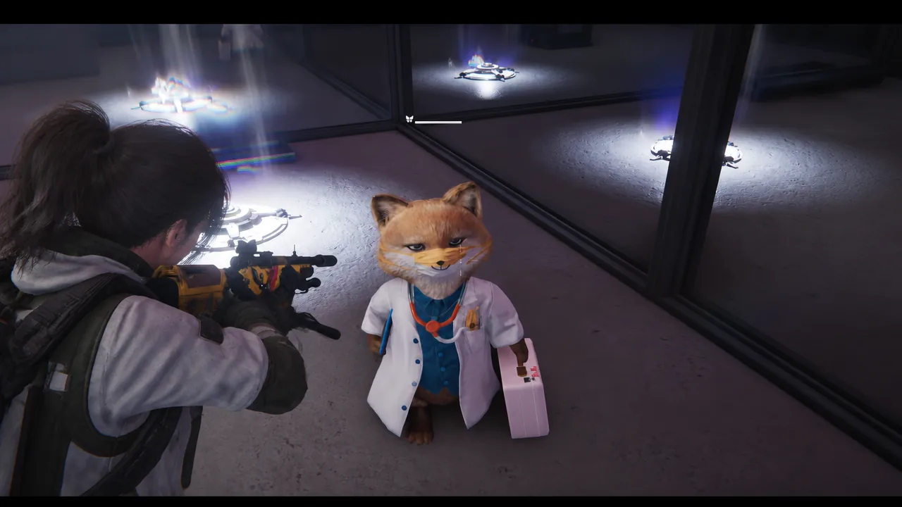 Player aiming at the Empty House boss next to glowing anomaly generators on the arena floor
