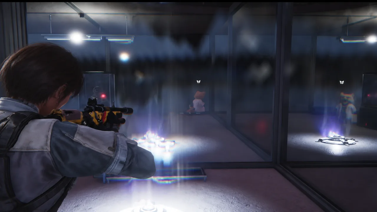 Player aiming a rifle at lit targets through a glass wall inside the silo