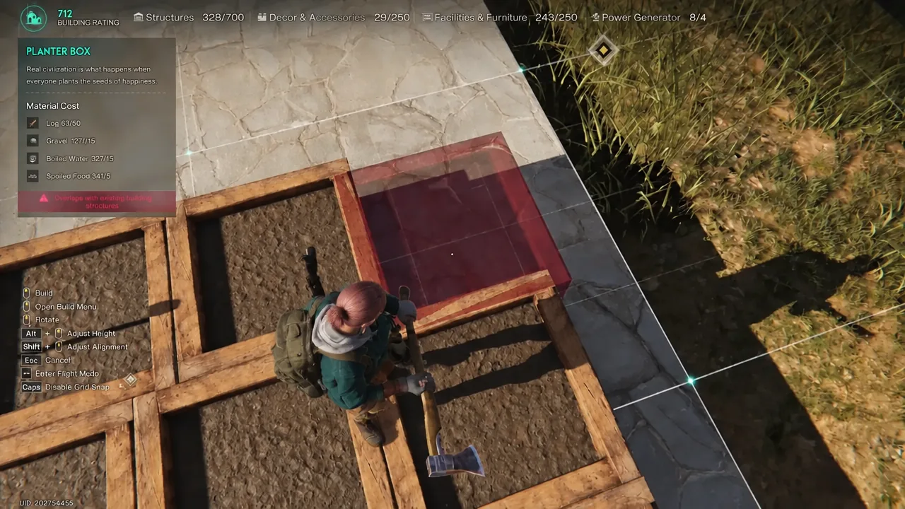 Planter Box placement preview on the build grid showing an overlap warning
