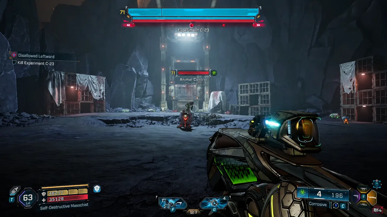 Kill Experiment C-23 objective displayed while aiming at the Animal Control boss inside the enclosure
