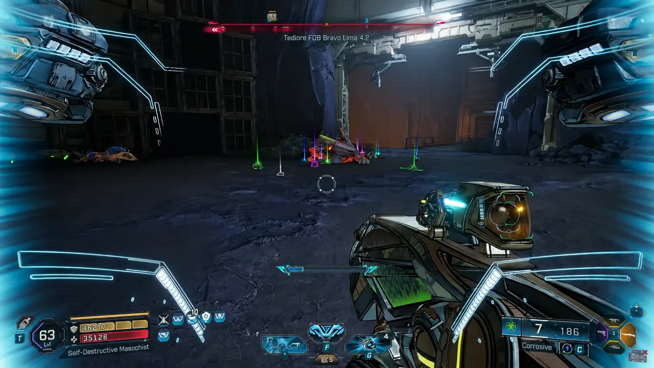 Player collecting gear drops inside Tediore FOB Bravo Lima 4.2 after the boss fight