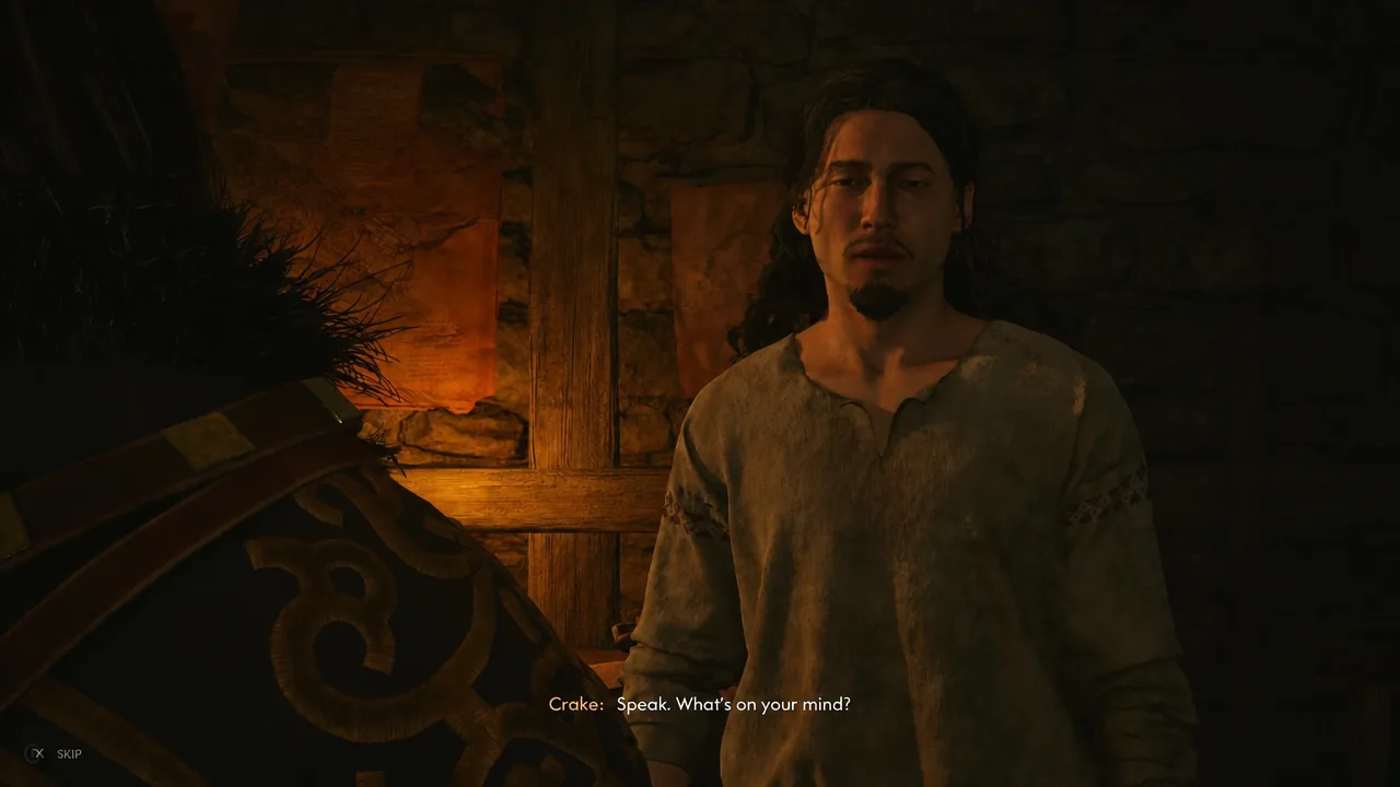 Crake mid-dialogue in the Svartrau City hideout after hearing about Ascar