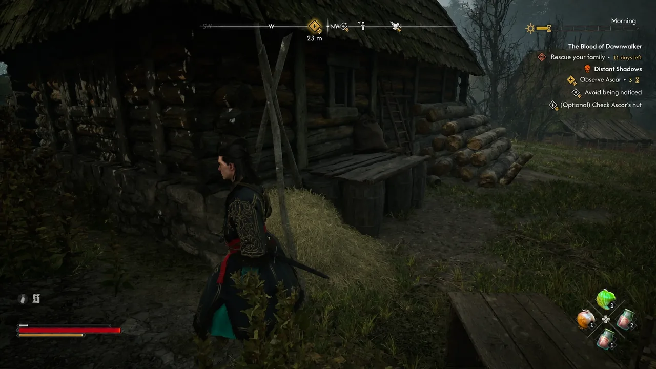 Coen creeping toward Ascar's hut while the quest tracker shows the stealth objective