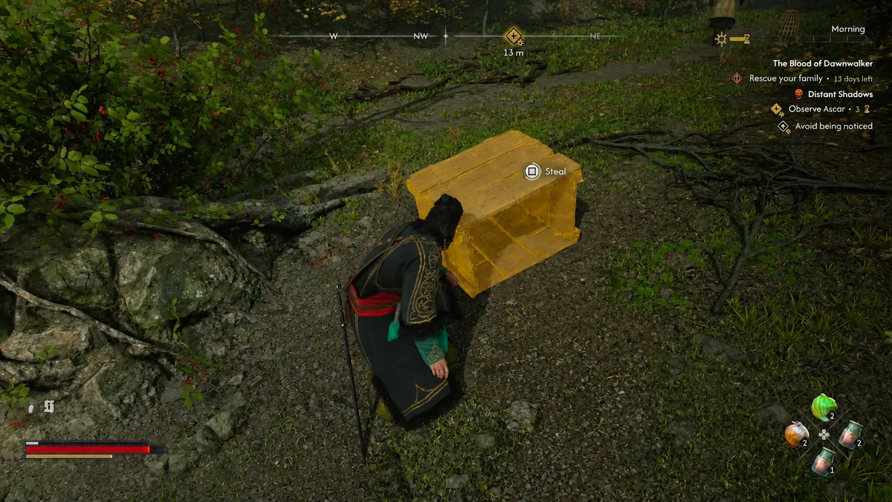 Wooden crate in the woods highlighted with a steal prompt during the tail