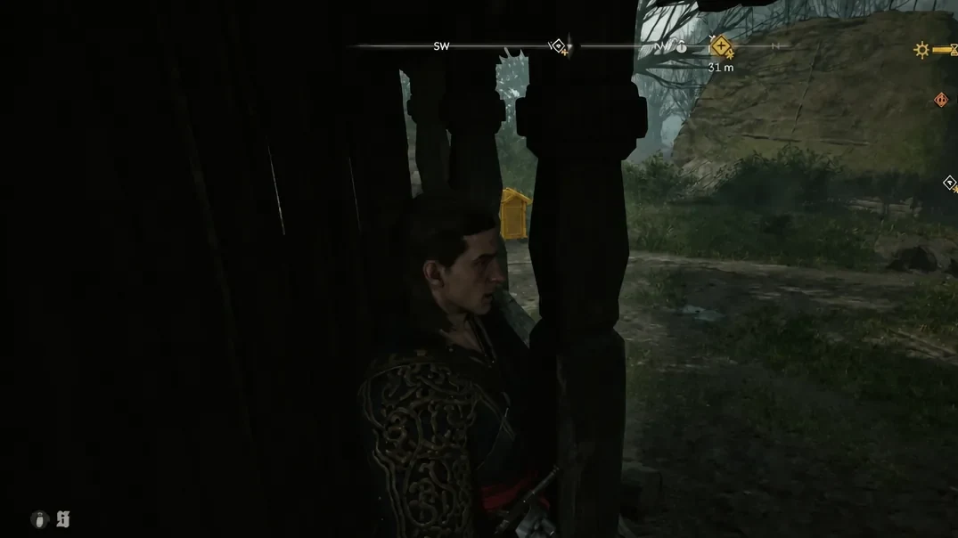 The entrance to Ascar's hut highlighted in yellow while Coen holds cover