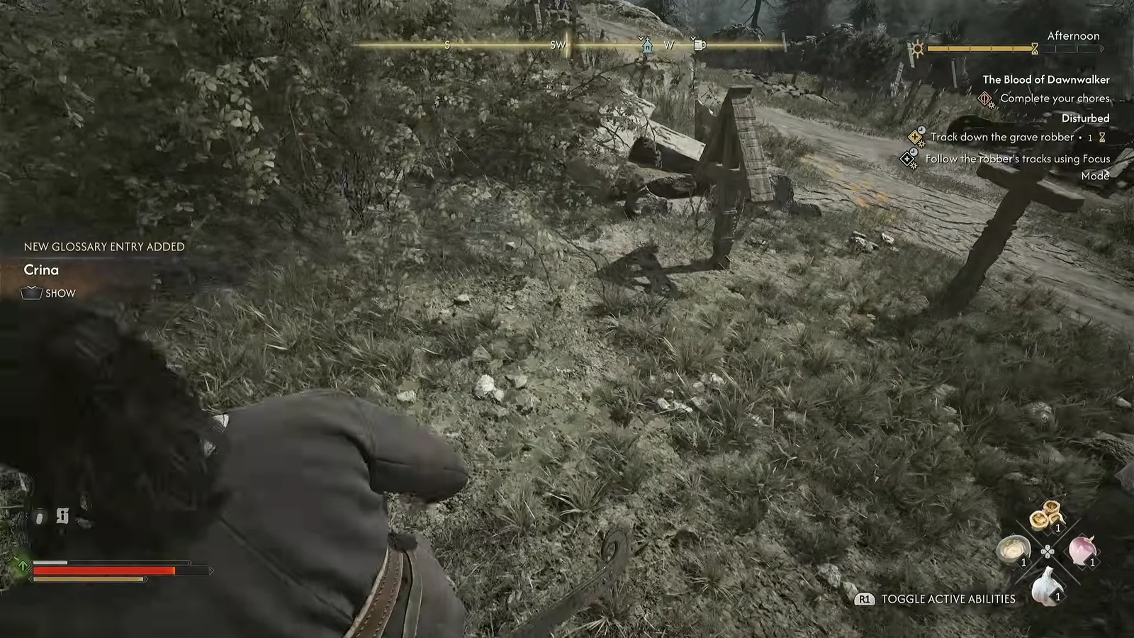 Quest tracker showing the Focus Mode objective to follow the grave robber's tracks near a crossroads