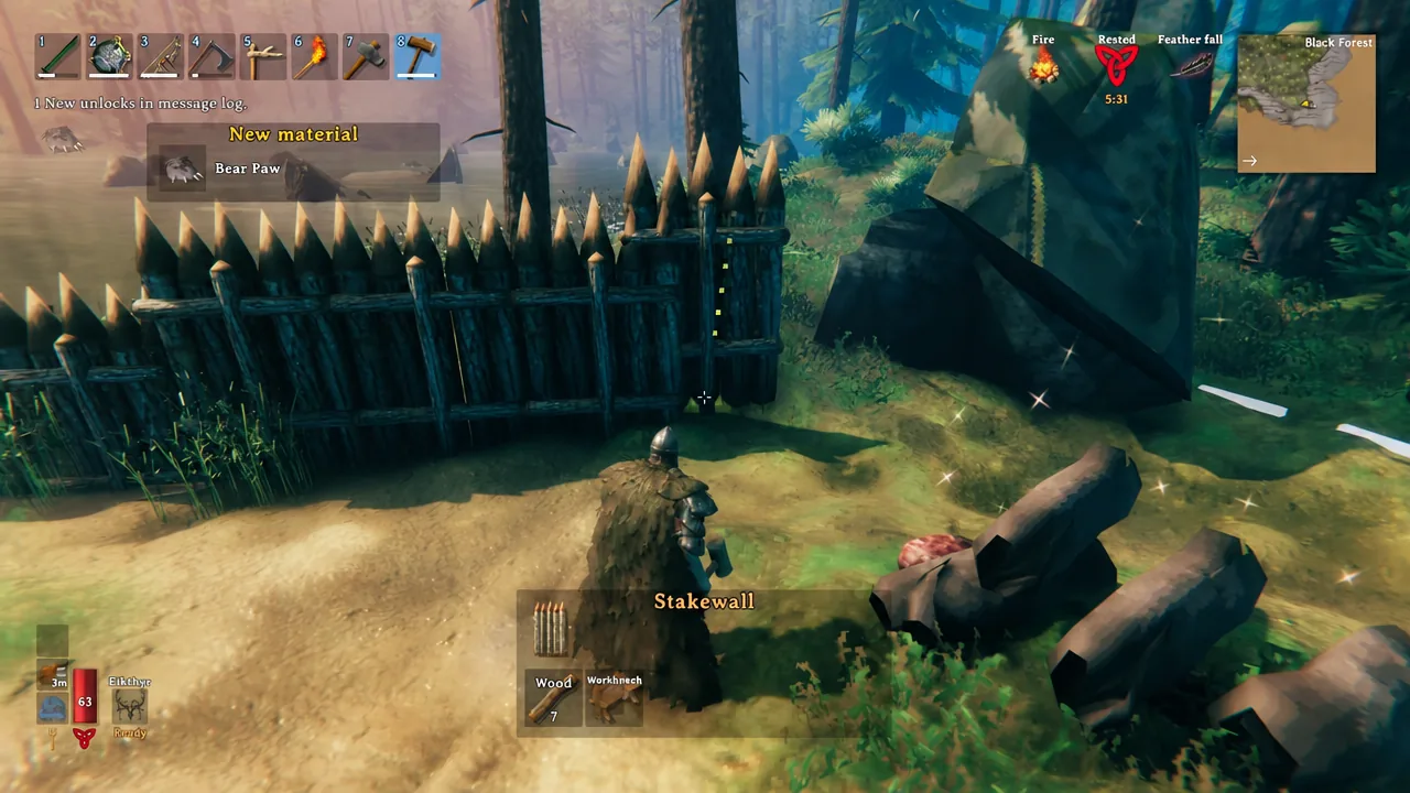 Valheim build menu with the Stakewall piece selected while holding the hammer