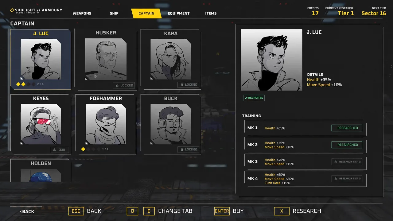 Captain selection in Sublight showing the J. Luc card with stats and training upgrade tiers.
