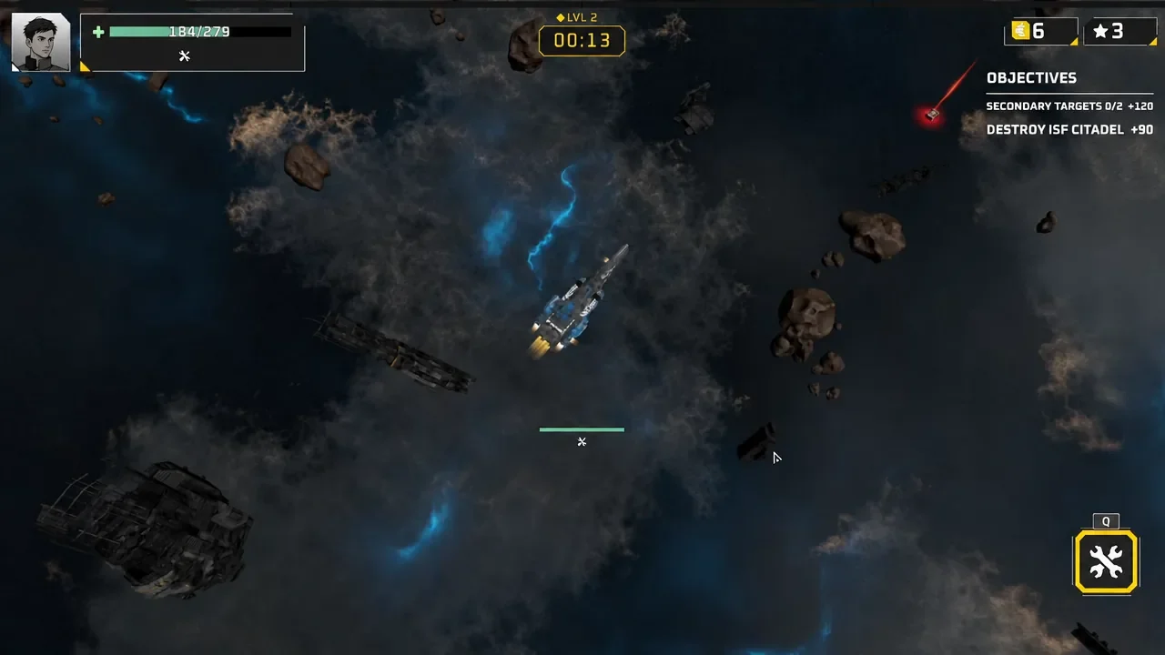 Sublight combat view with the player warship maneuvering and the Objectives panel listing targets.
