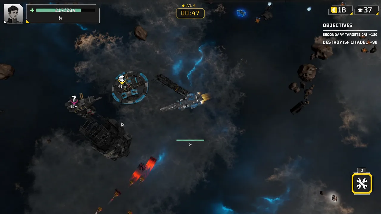 Sublight gameplay with a 46m objective marker on screen and Destroy ISF Citadel in the objective list.