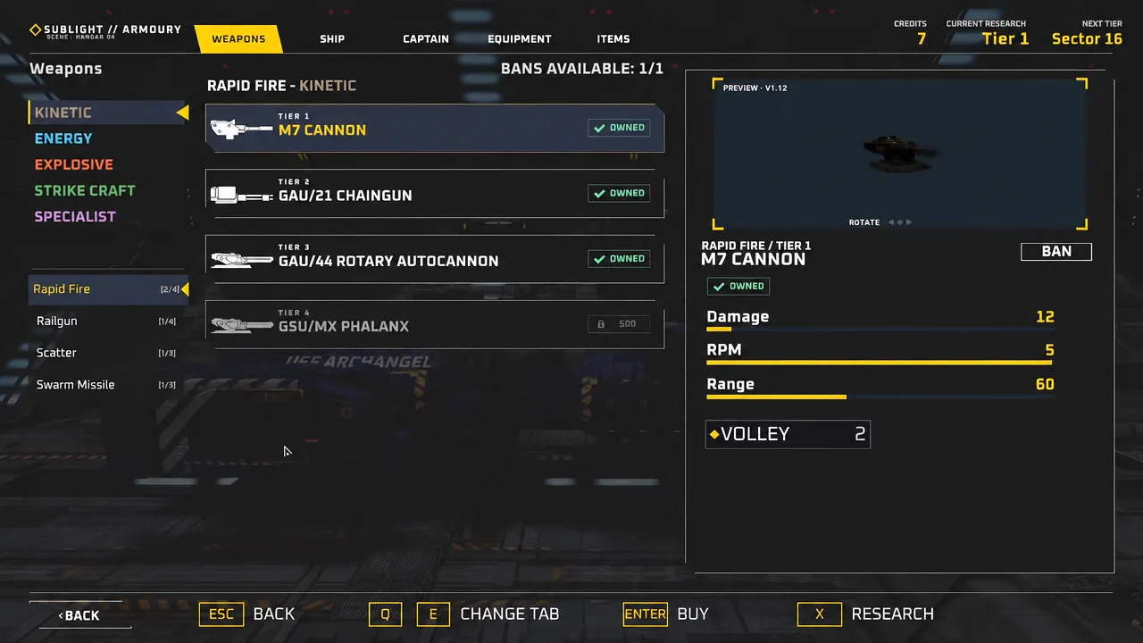 Sublight weapons menu open on the Kinetic tab with the Rapid Fire M7 Cannon preview and stats.