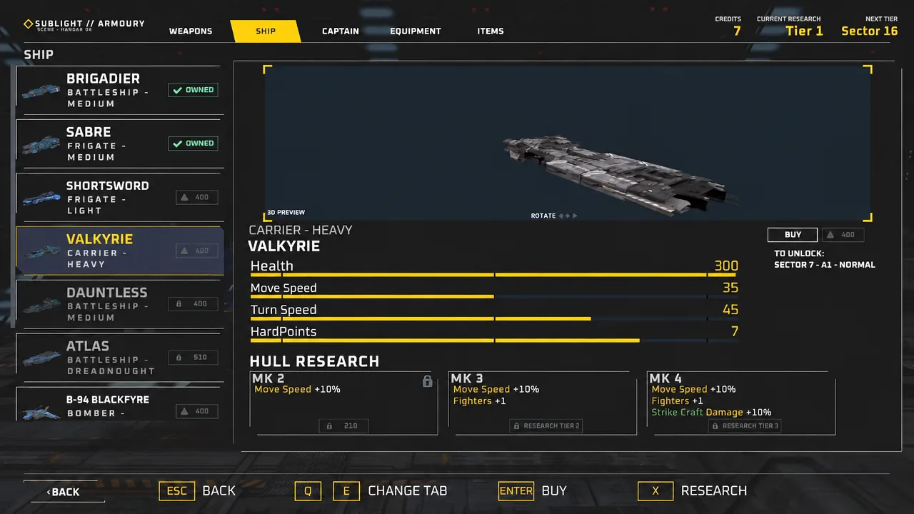 Ship selection screen in Sublight with the Valkyrie carrier highlighted and available to purchase.