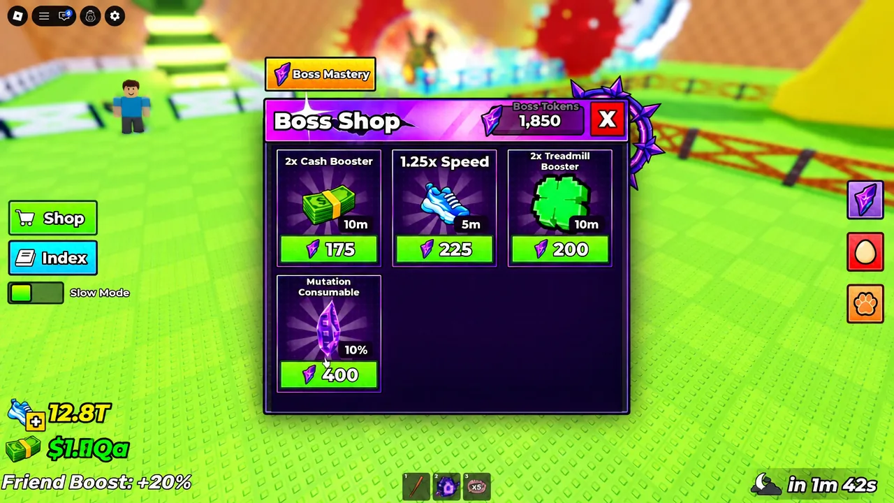 Boss Shop menu listing the cash booster, speed, treadmill booster, and mutation consumable