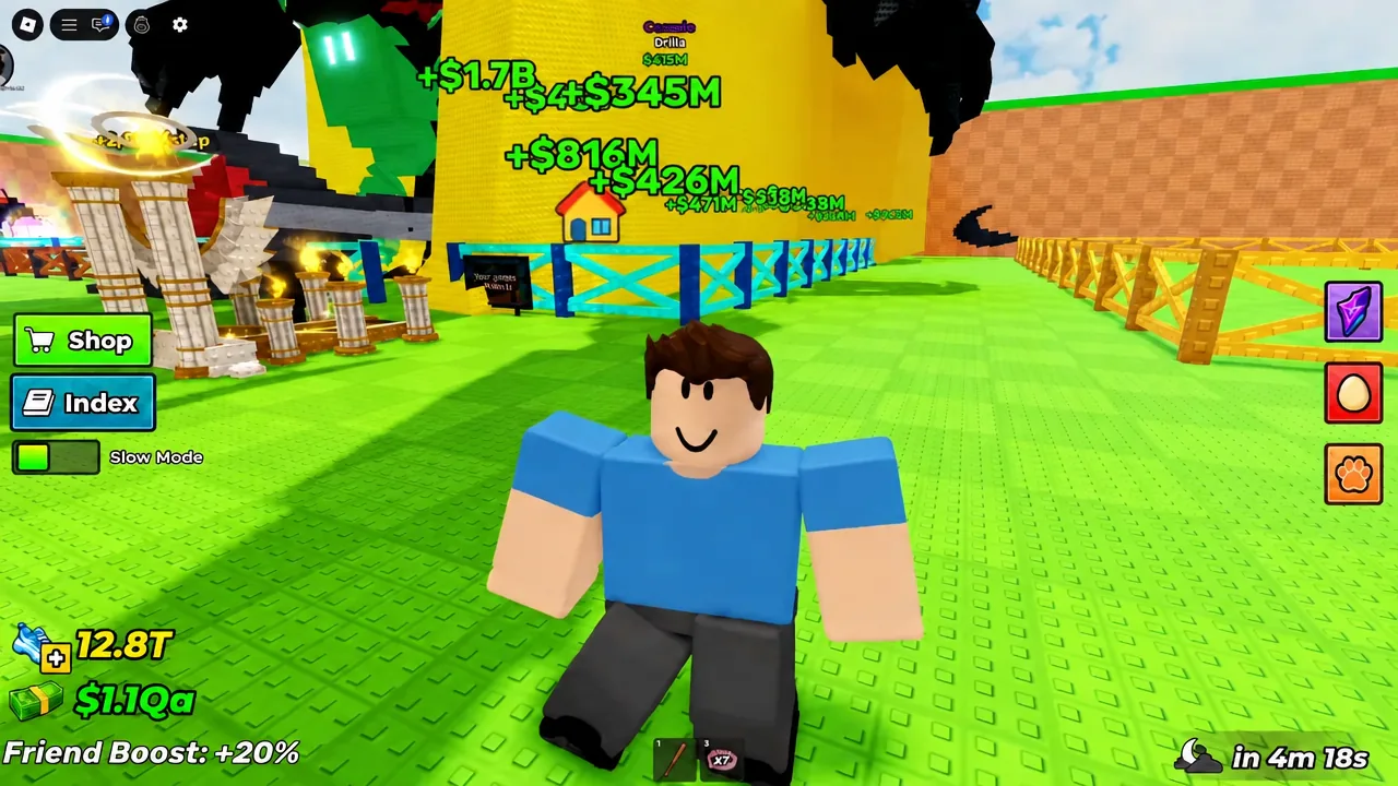 Cash building up at the player base with the Shop and Index buttons on screen