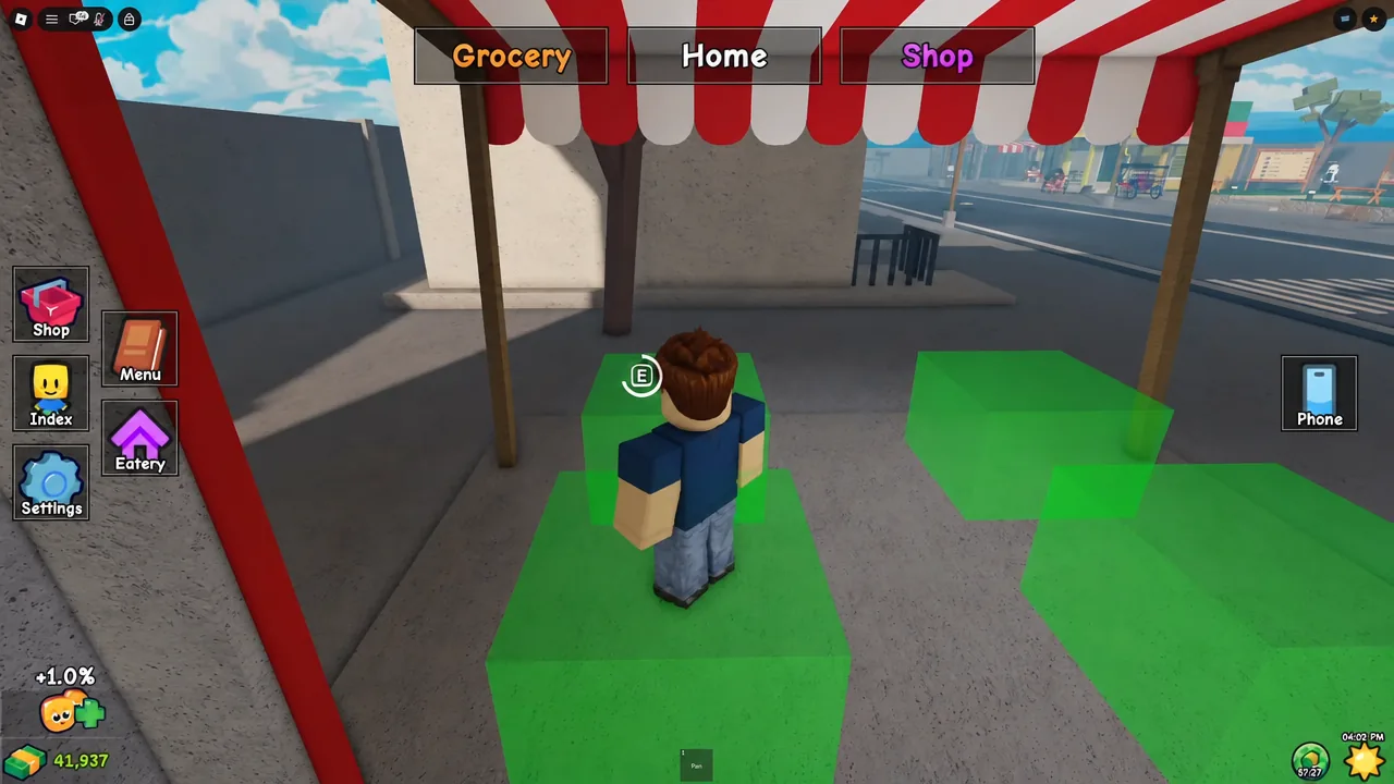 Shop view with an E interaction prompt while placing furniture on green highlighted floor spots