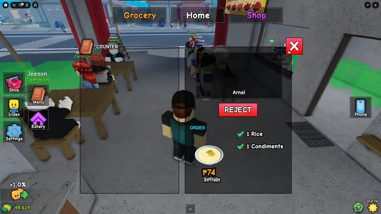 Counter order screen showing an order for 1 Rice and 1 Condiments with an available REJECT button