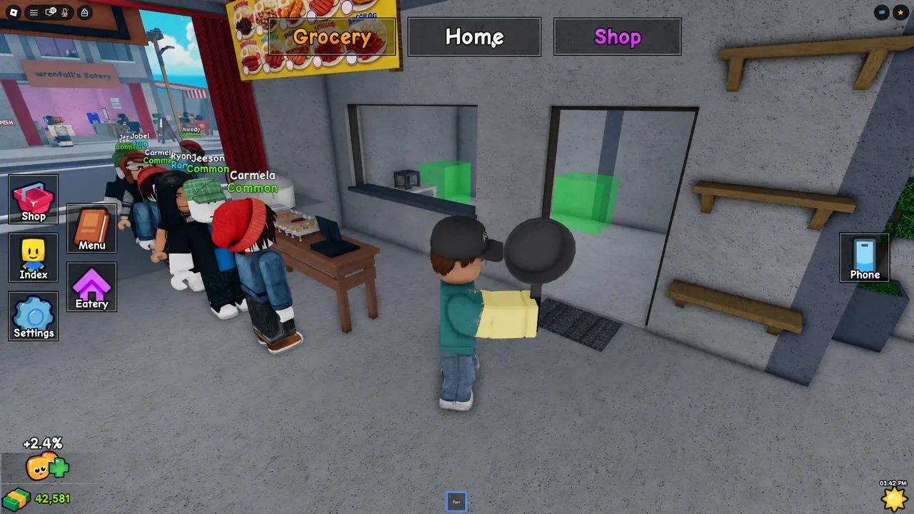 Grocery shop interface open while the player carries a yellow supply package
