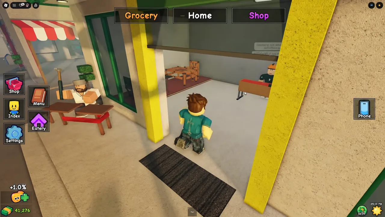 Player using the Eatery button to enter the restaurant interior in Karinderya