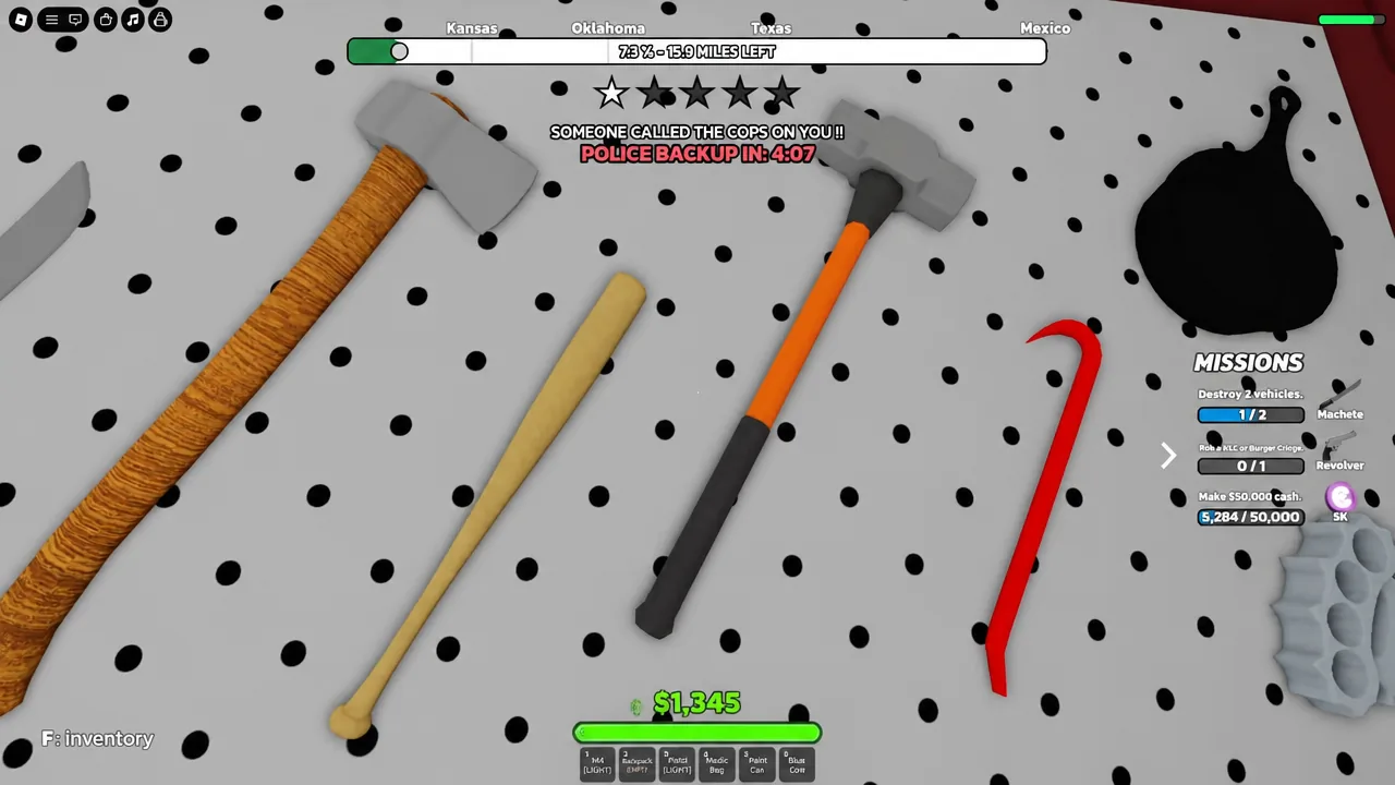Inventory prompt on screen while the player looks over scattered weapons and tools