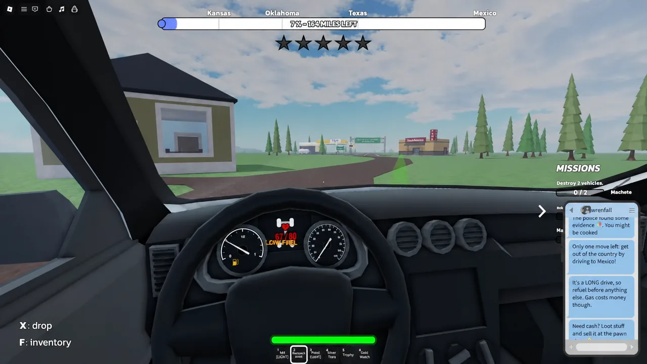 Objective panel tracking a destroy vehicles mission while driving south toward Mexico