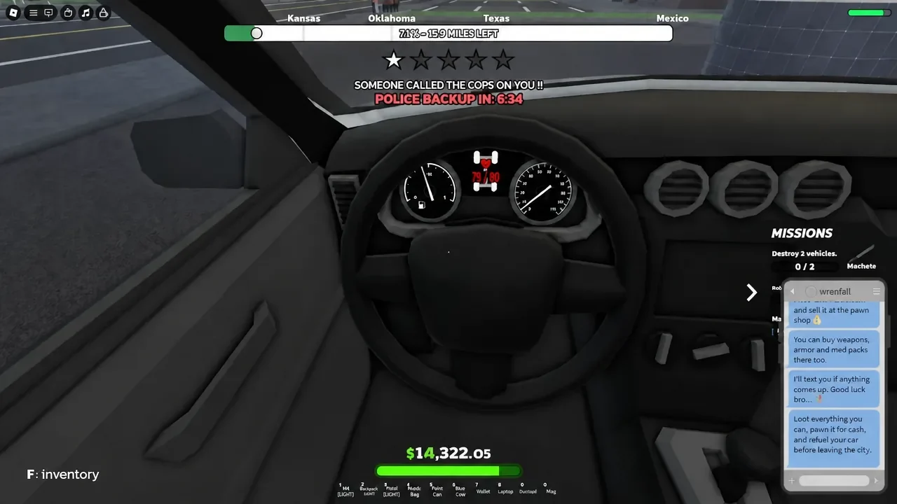 Missions panel showing an active objective while a police backup countdown runs
