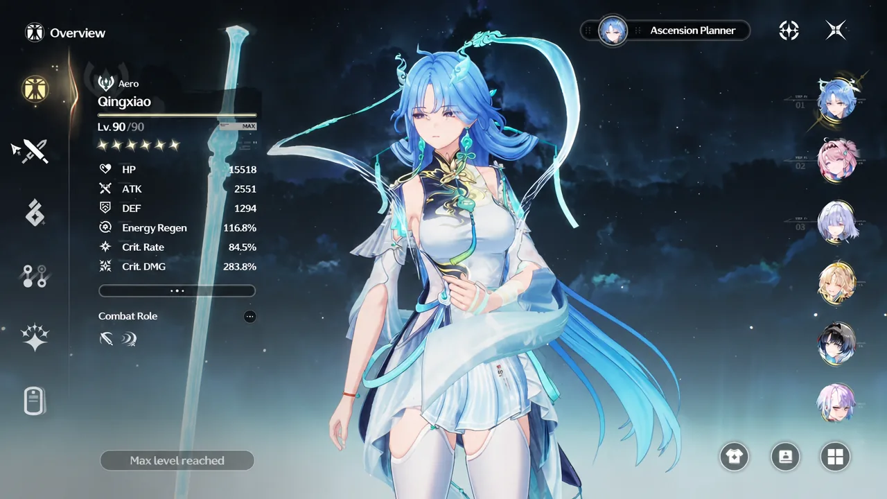 Qingxiao's Overview tab showing her level 90 profile, attack, crit and energy regen values