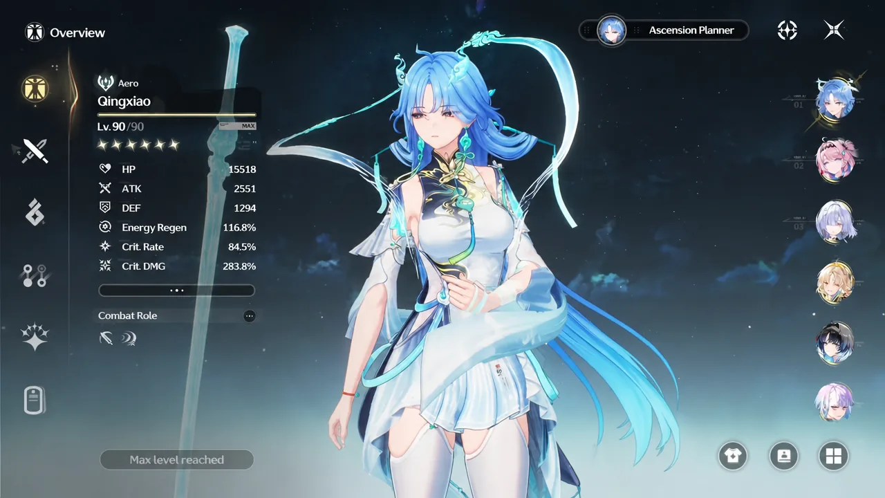 Qingxiao Overview screen showing her level 90 stats, Crit values and equipped gear
