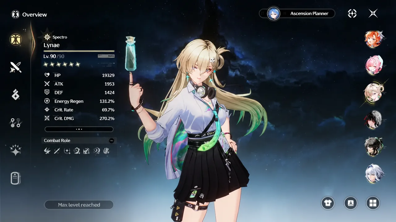 Lynae highlighted in the character roster with her level and combat stats on the Overview screen