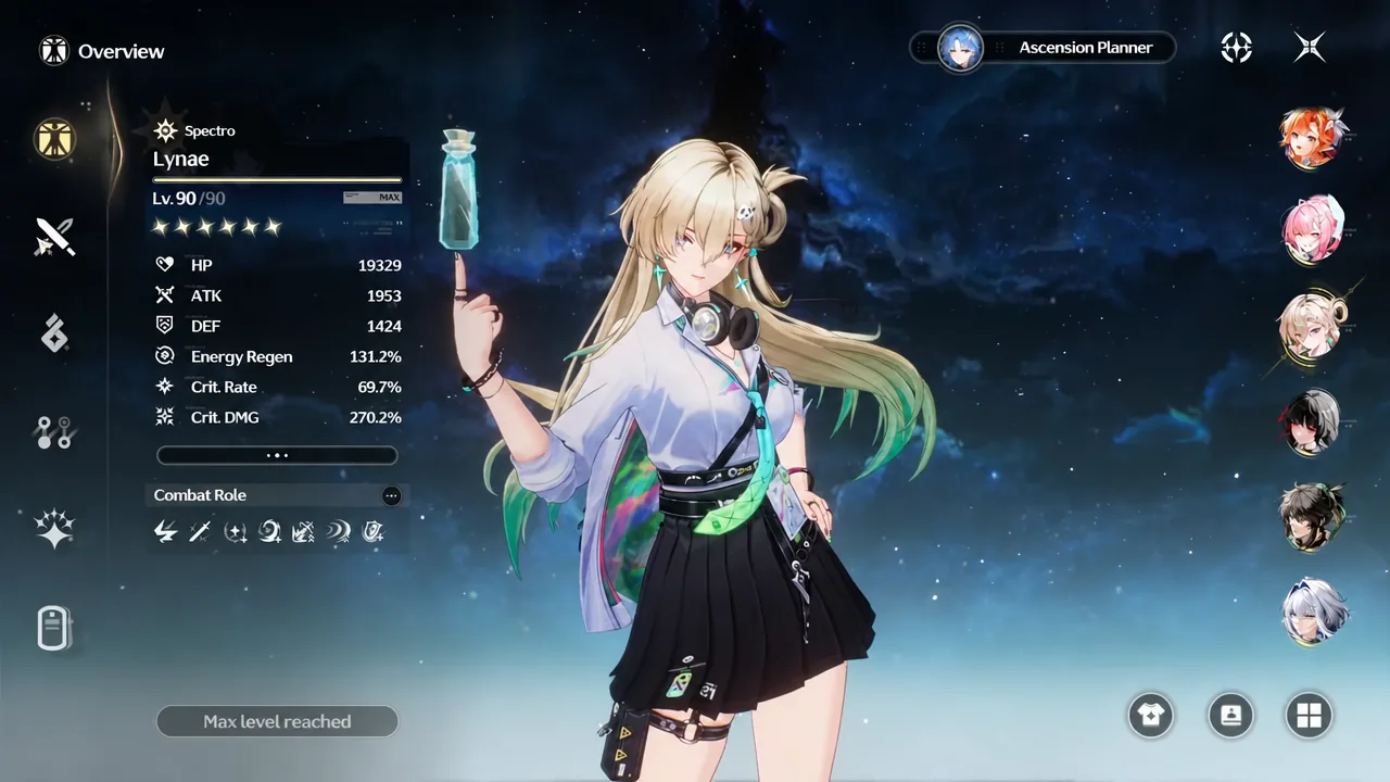 Lynae Overview screen displaying her max-level stats and combat role
