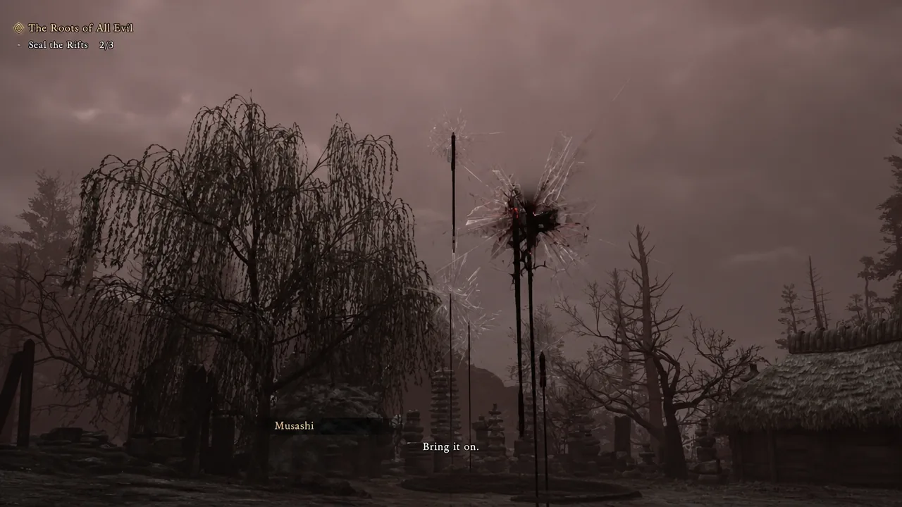 Musashi approaching a red rift with the Seal the Rifts 2/3 objective on screen
