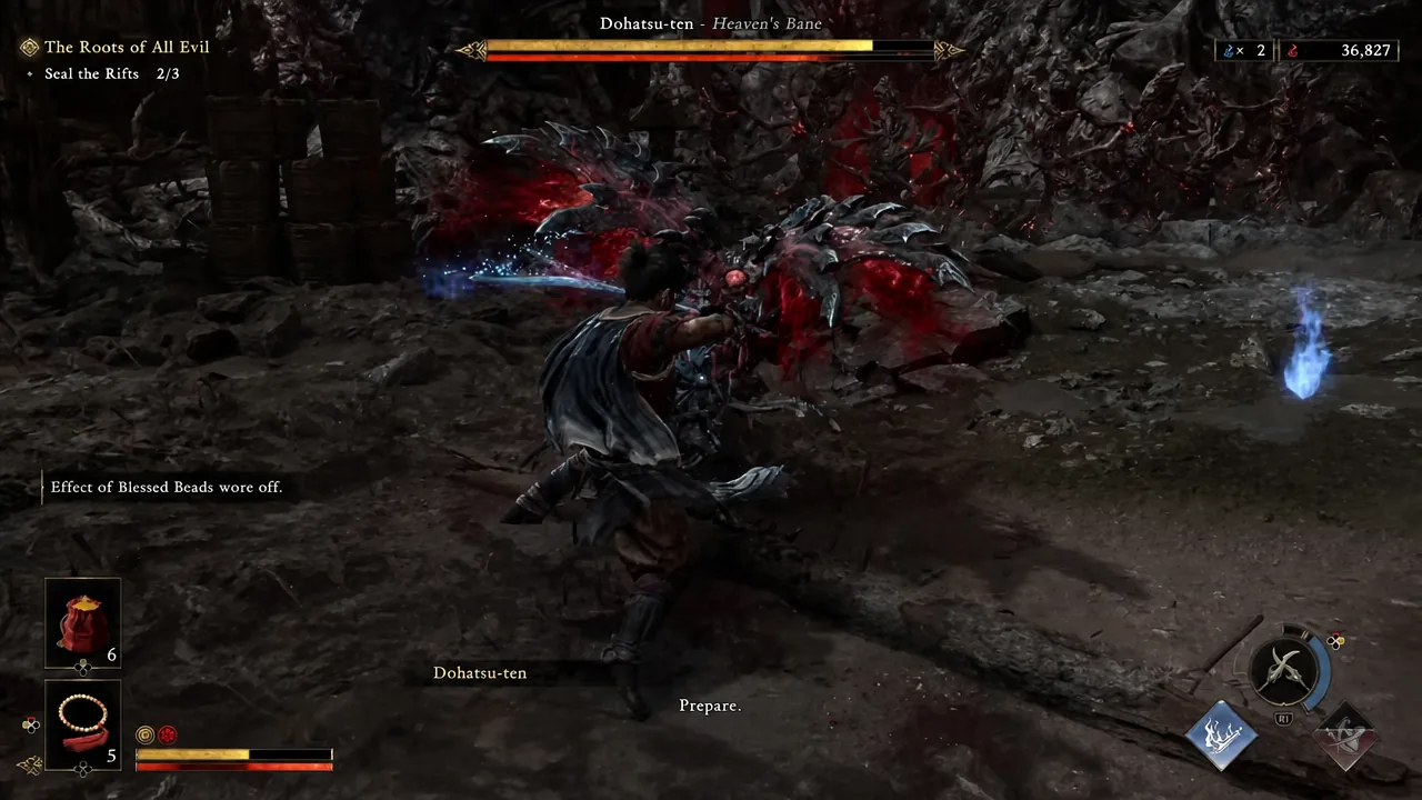 Dohatsu-ten Heaven's Bane boss health bar visible while Musashi attacks