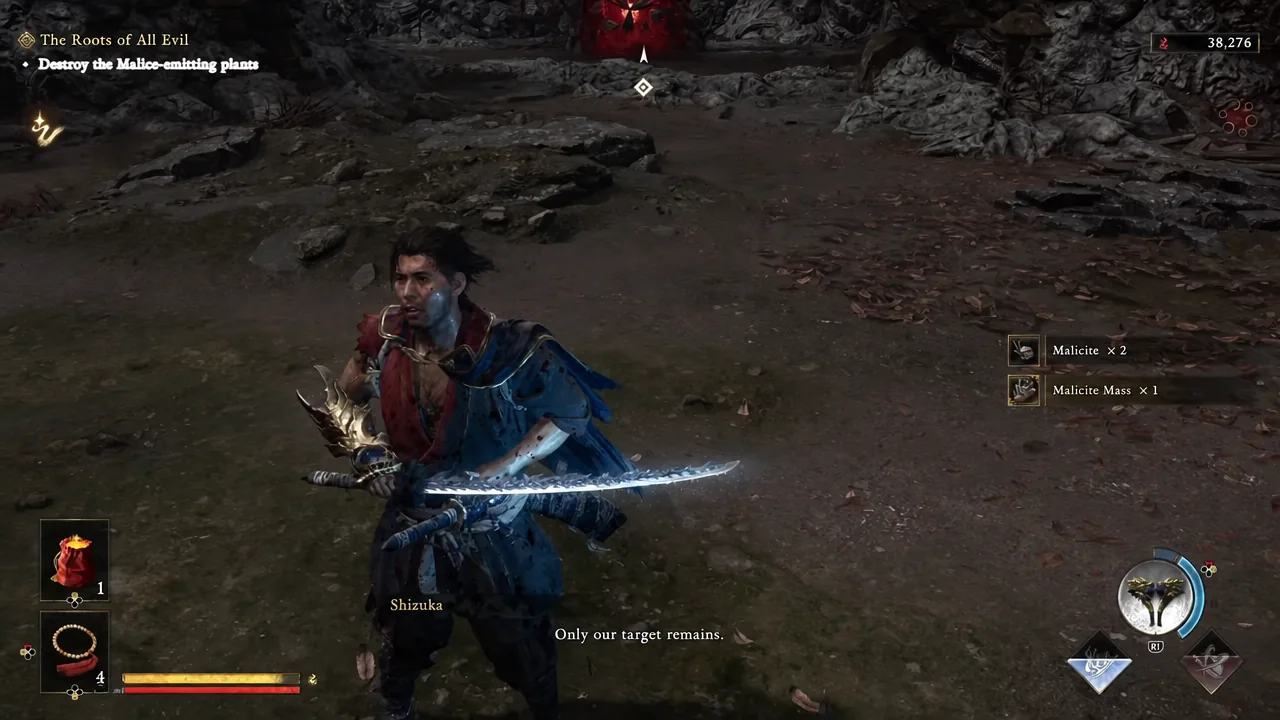 Destroy the Malice-emitting plants objective on screen while Malice materials drop