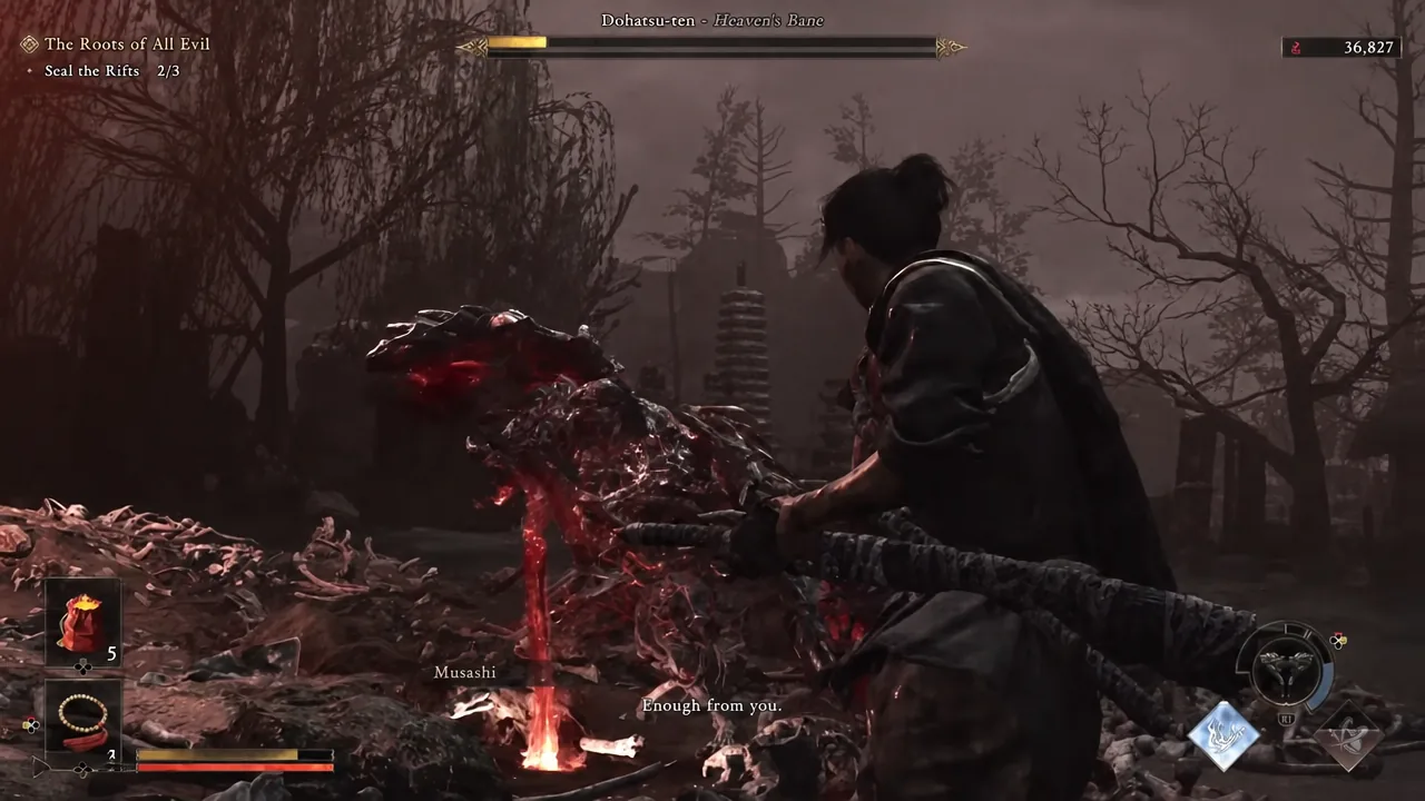 Musashi landing a heavy strike on Dohatsu-ten during the Heaven's Bane fight