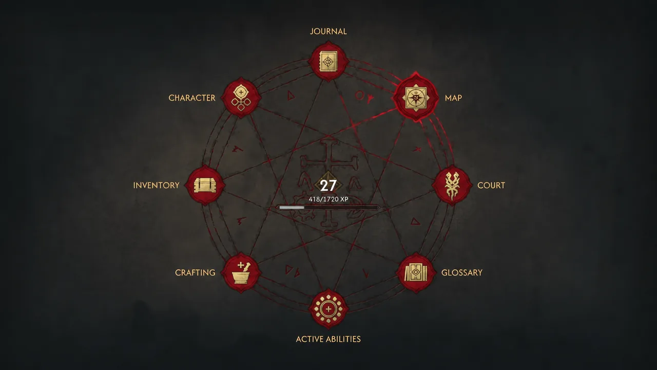Radial pause menu in The Blood of Dawnwalker with the MAP option highlighted