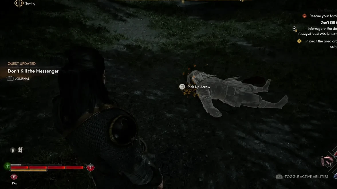 Pick Up Arrow prompt next to the scout's body as the quest updates