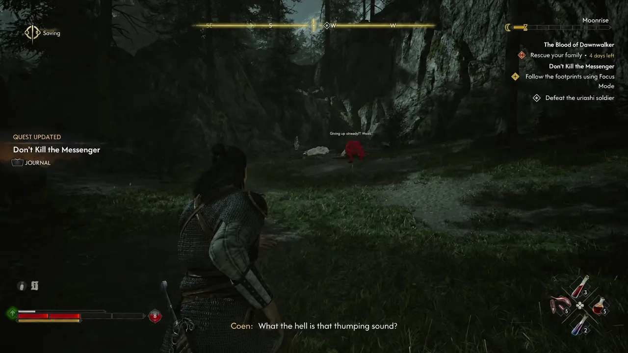Quest tracker showing the objective to follow the footprints using Focus Mode in the forest