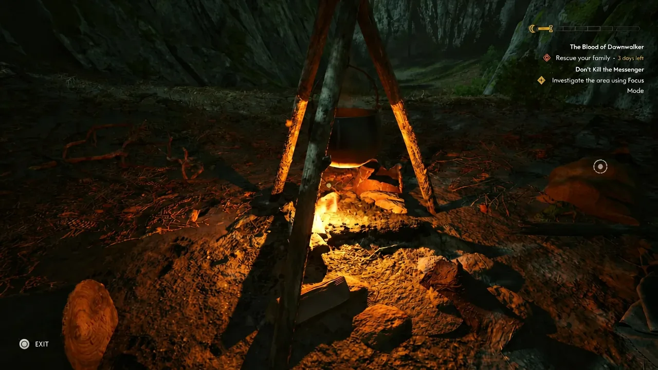 Focus Mode highlighting the campfire at the destroyed camp during the investigation
