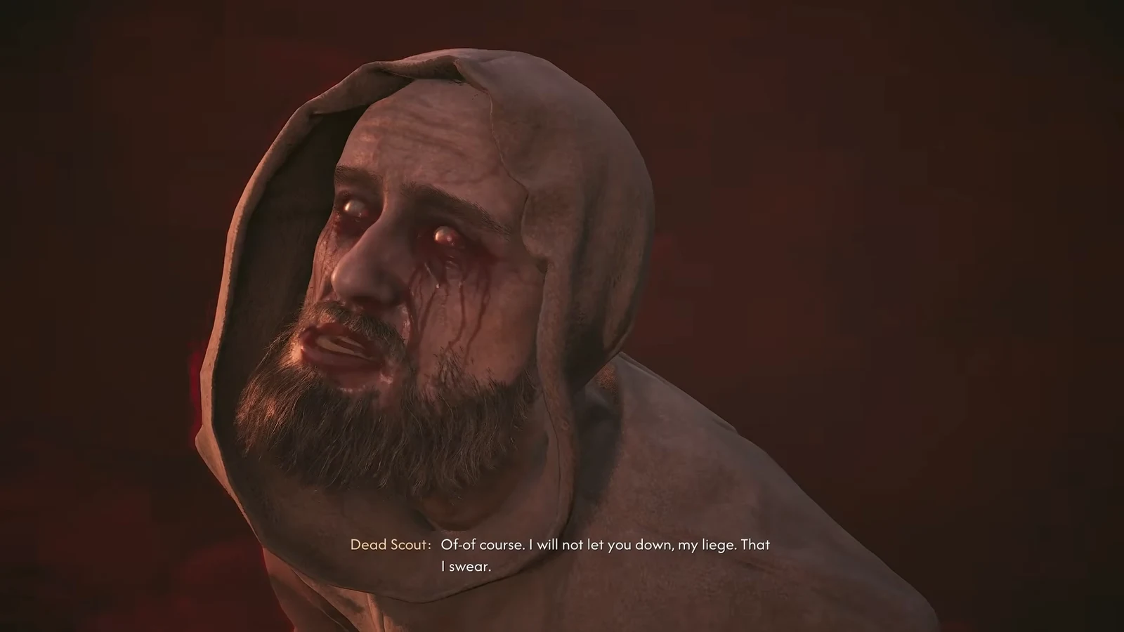 Hooded dead scout speaking during the Compel Soul cutscene with subtitles on screen