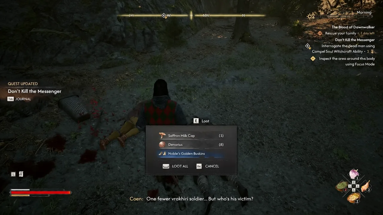 Loot menu open on the dead uriashi soldier with Noble's Golden Buskins highlighted