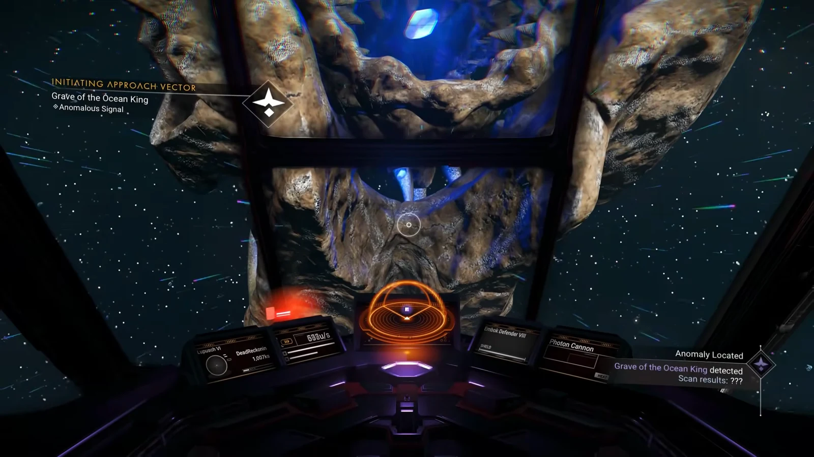 Cockpit HUD locking an approach vector onto the Grave of the Ocean King anomaly
