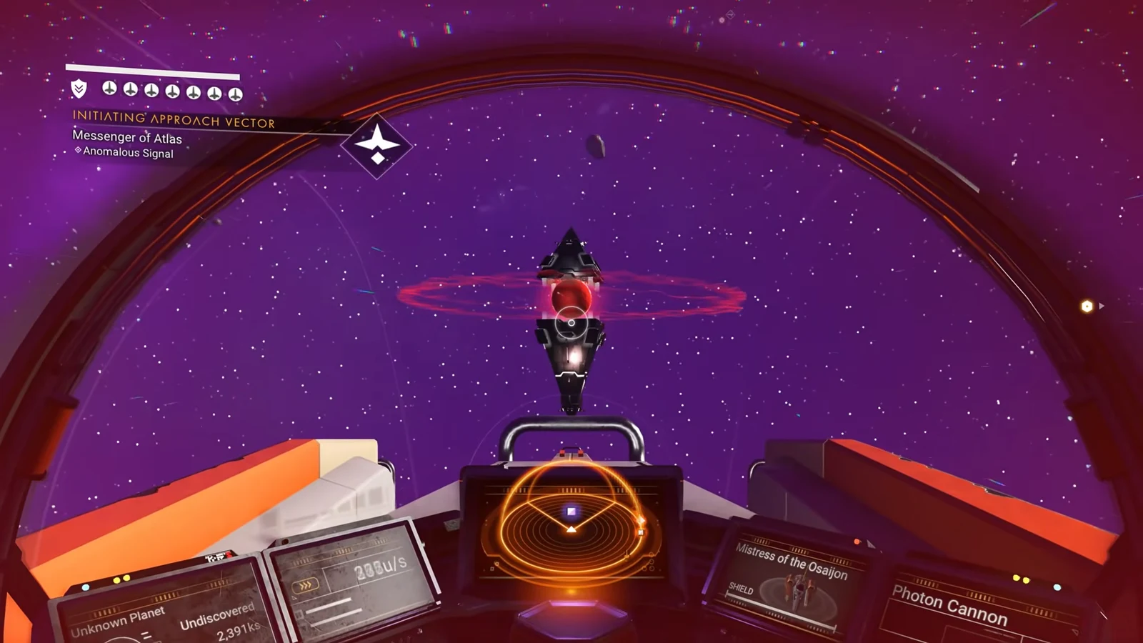 Ship weapons aimed at a deep-space target while the HUD reads Initiating Approach Vector