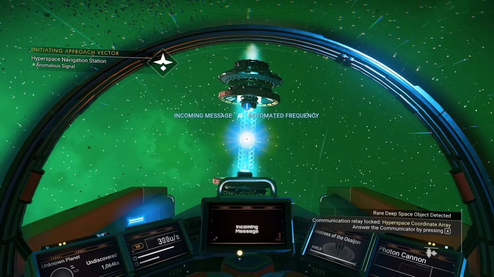 Cockpit screen showing an incoming message on an automated frequency with a prompt to answer