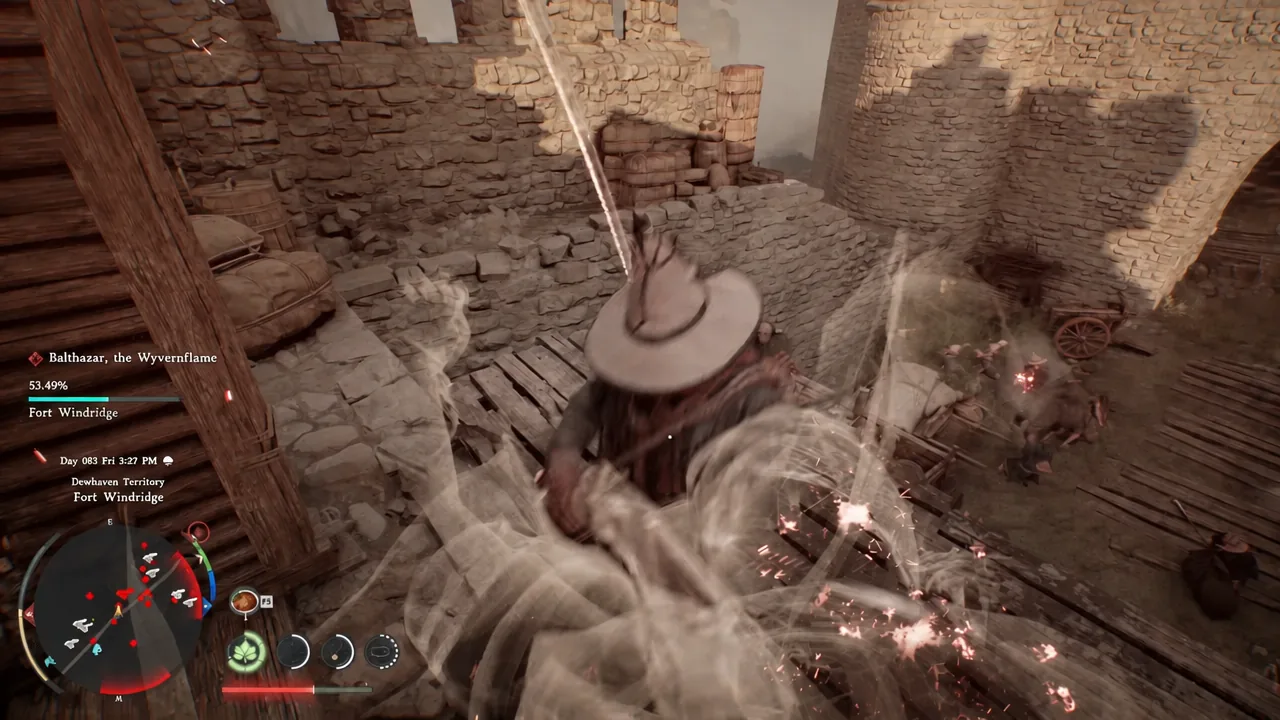 Kliff landing a melee hit on Balthazar, the Wyvernflame on the Fort Windridge battlements